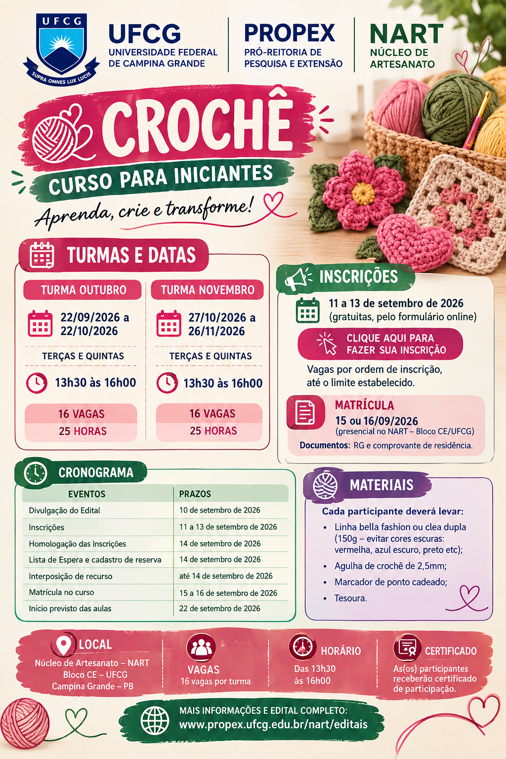 NÚCLEO DE ARTESANATO OFERTA CURSOS DE CROCHÊ
