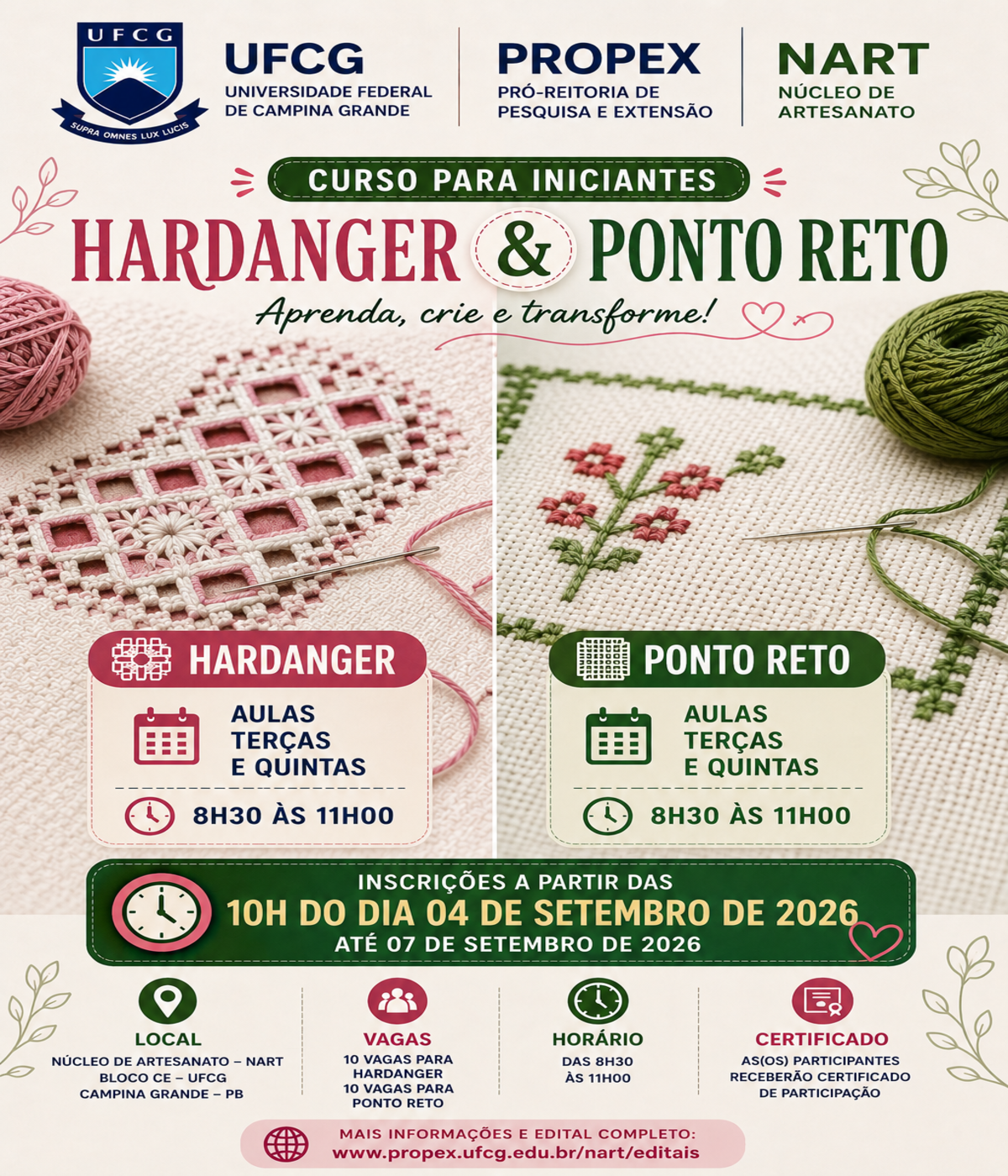 NÚCLEO DE ARTESANATO OFERTA CURSO HARDANGER E DE PONTO RETO
